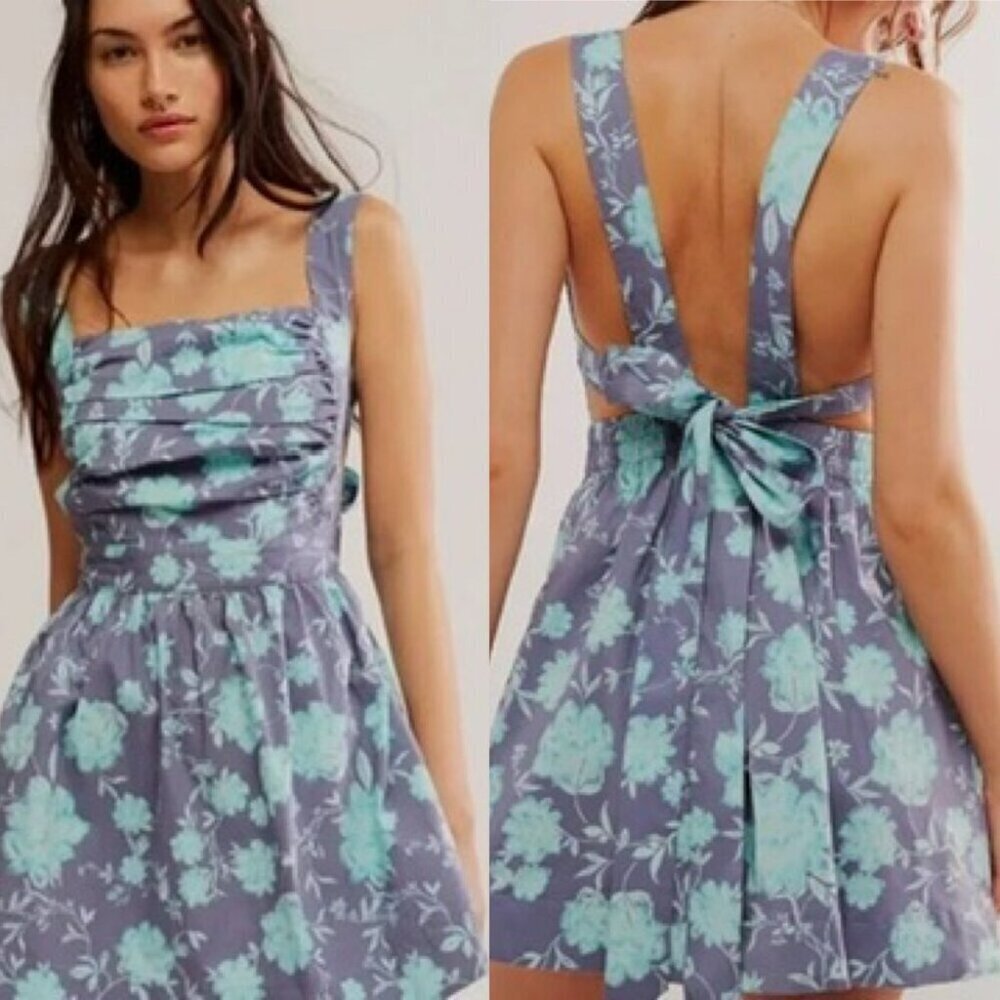 Free People Meet Me In Maui Printed Mini Dress NWT Ocean Combo Blue Medium